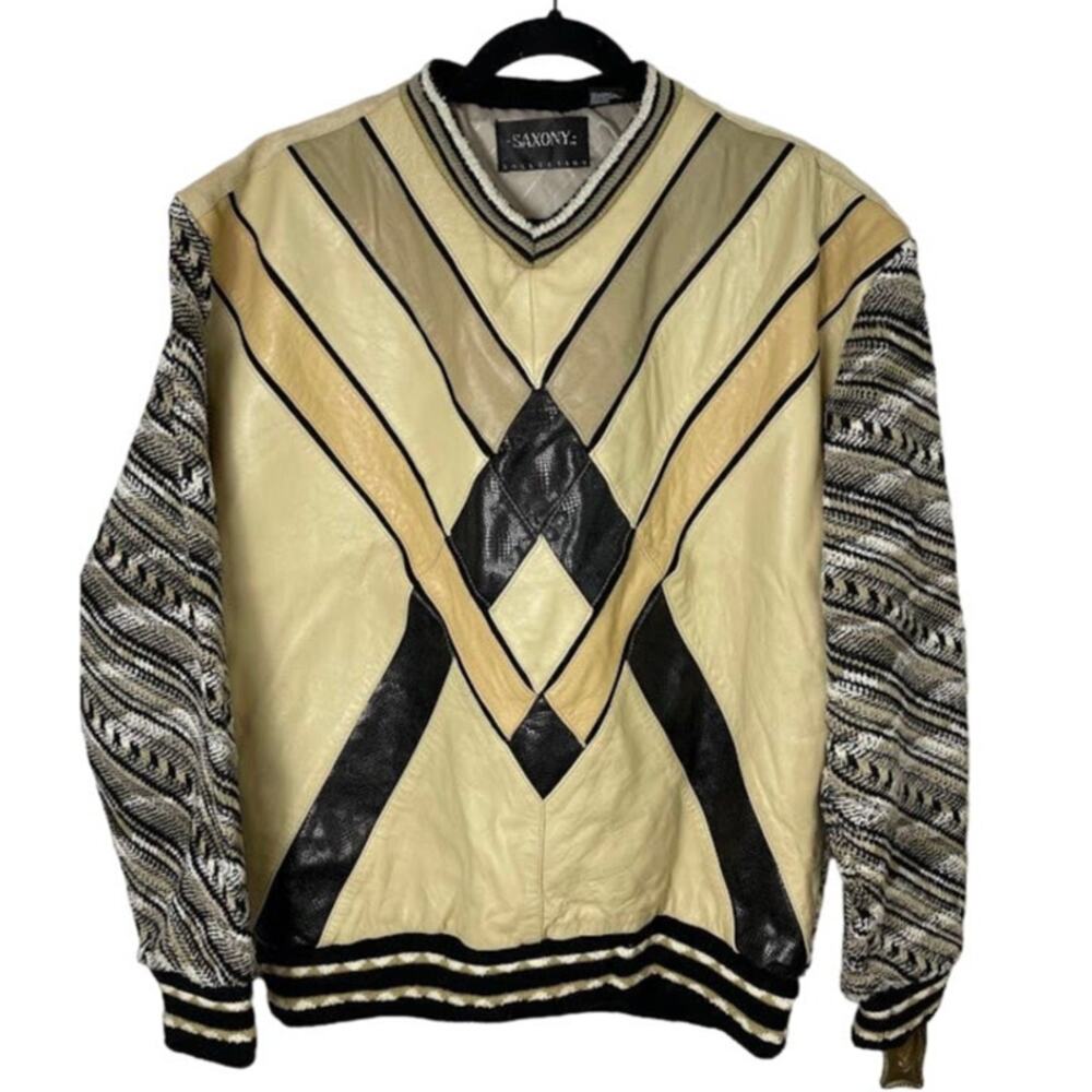 Vintage 80s/90's SAXONY Leather Sweater HIP-HOP Cosby Coogi Style Size Large
